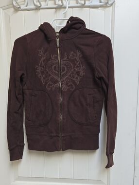 Groggy 100% Cotton Brown Zip-Up Hoodie with Embroidered Heart Motif XS